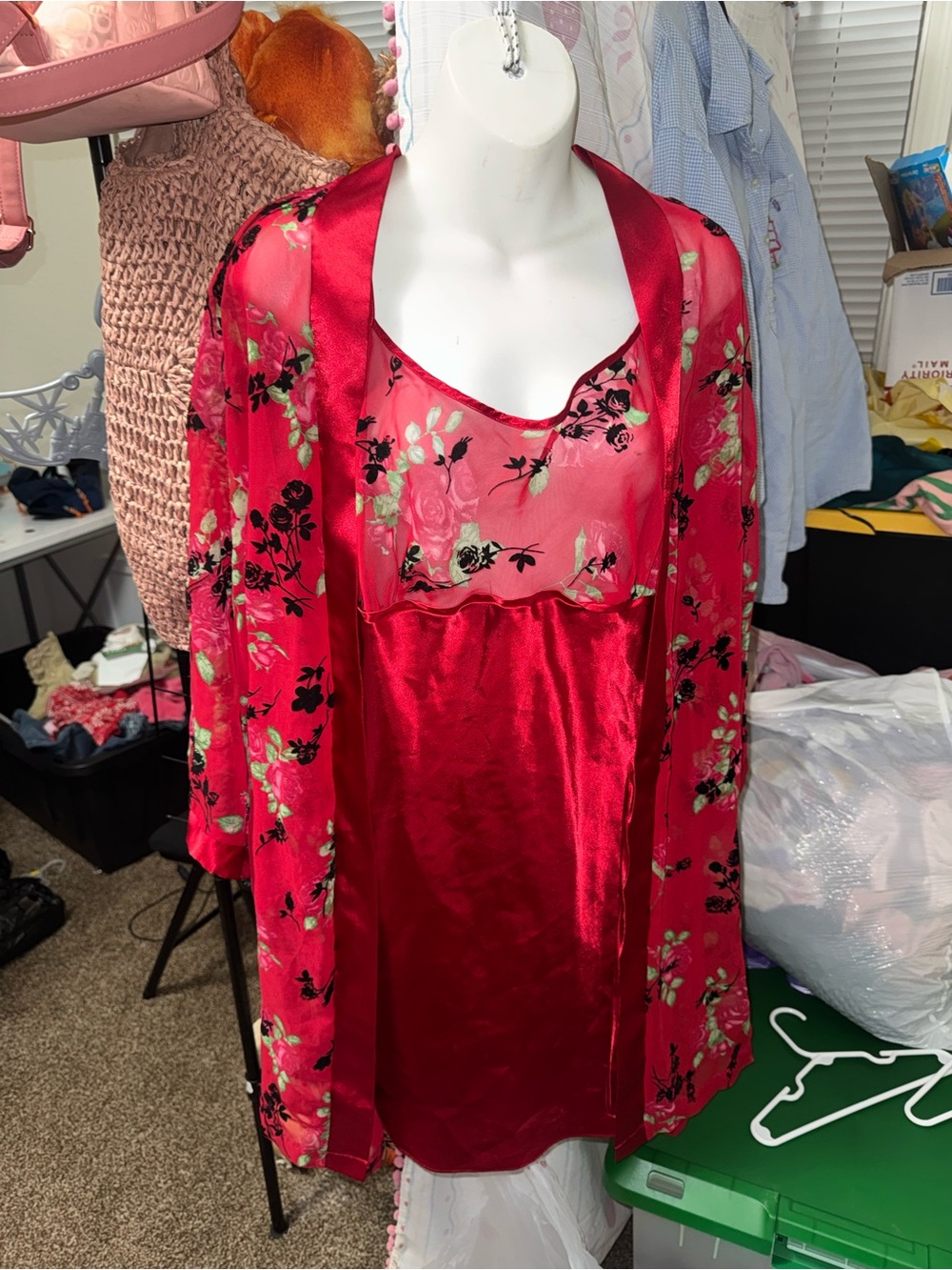 Secret Treasures Red Floral Satin Chemise & Robe Set